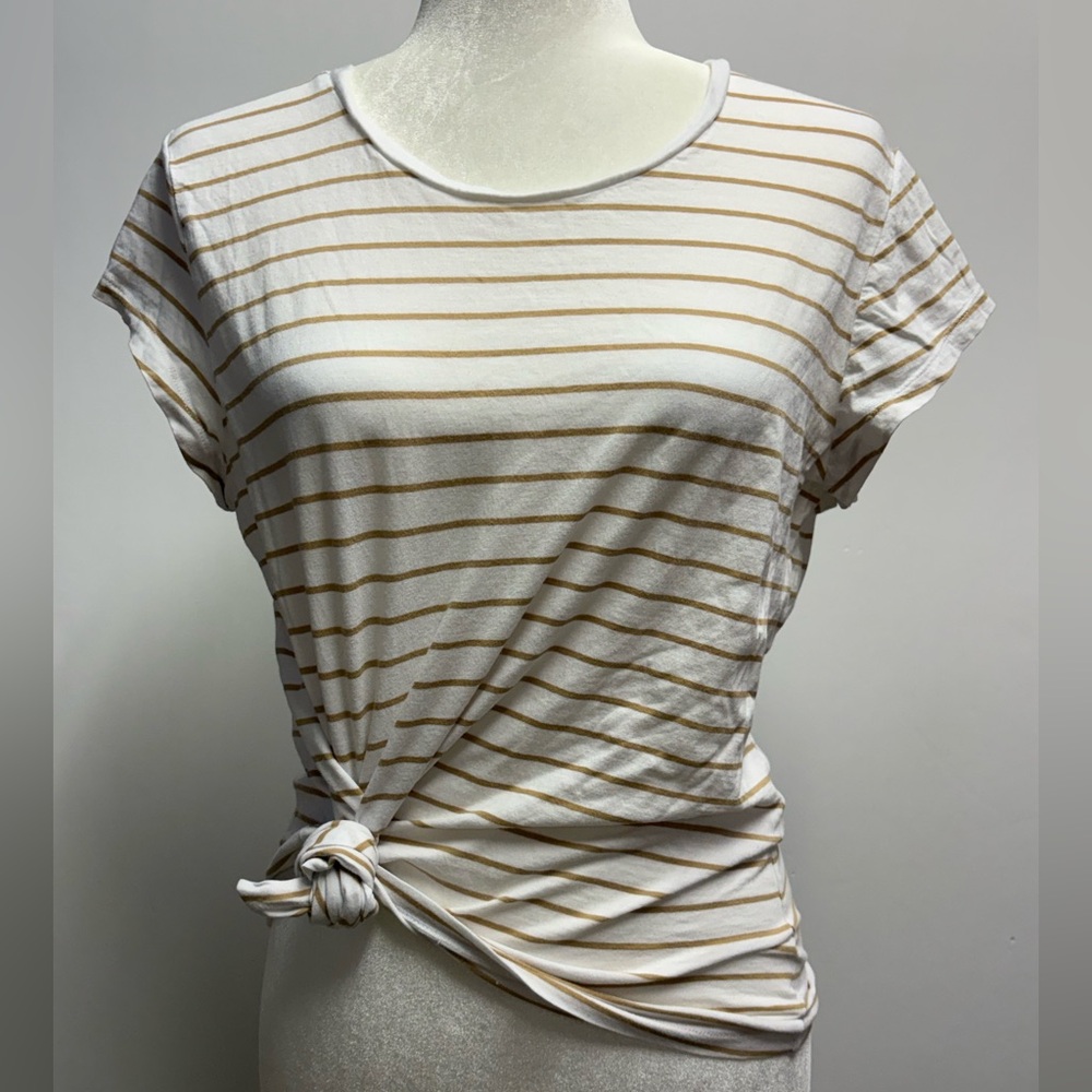 Universal Thread White and Tan Striped Knot-Front Tee